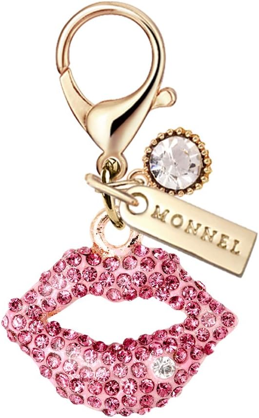 MC61 Pink Crystal Kiss Lip Lobster Clasp Charm Pendant with Pouch Bag (1 piece)