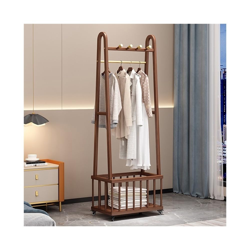 Adjustable Garment Rack Solid Wood Floor-standing Coat Rack Clothes Hanger Multifunctional Removable Clothes Rack with Storage Basket Standing