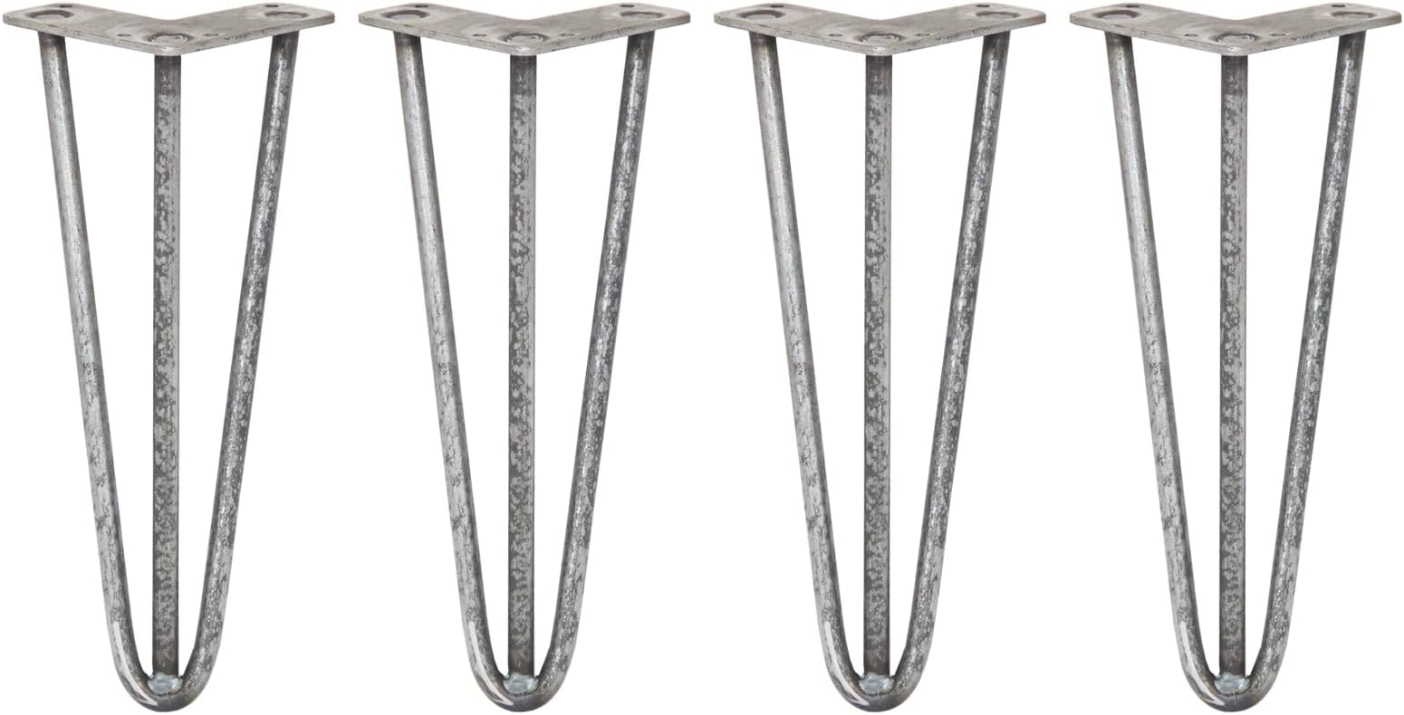 4 x Hairpin Legs / Hair Pin Legs Set Furniture Desk Bench Chair Table 12" 3 Prong 12mm Raw Steel & Protector Feet