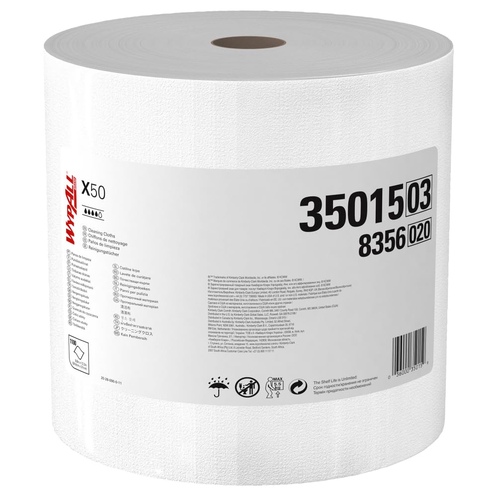 WypAll GeneralClean X50 Cloths Cleaning Wipes 35015 Jumbo Strong Towels for Extended Use White 1 Roll of 1