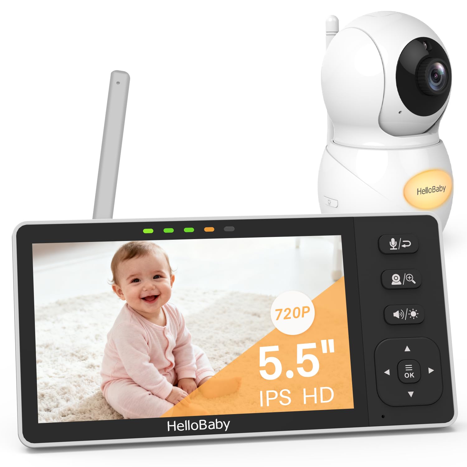 HelloBaby Baby Monitor with Camera, 5.5 Inch Split 720P Screen, without WiFi, 320° Pan 120° Tilt Zoom, Infrared Night Vision Camera Eco Mode, 1000ft, 2-Way Audio, Temperature Time Display, 8 Lullabies