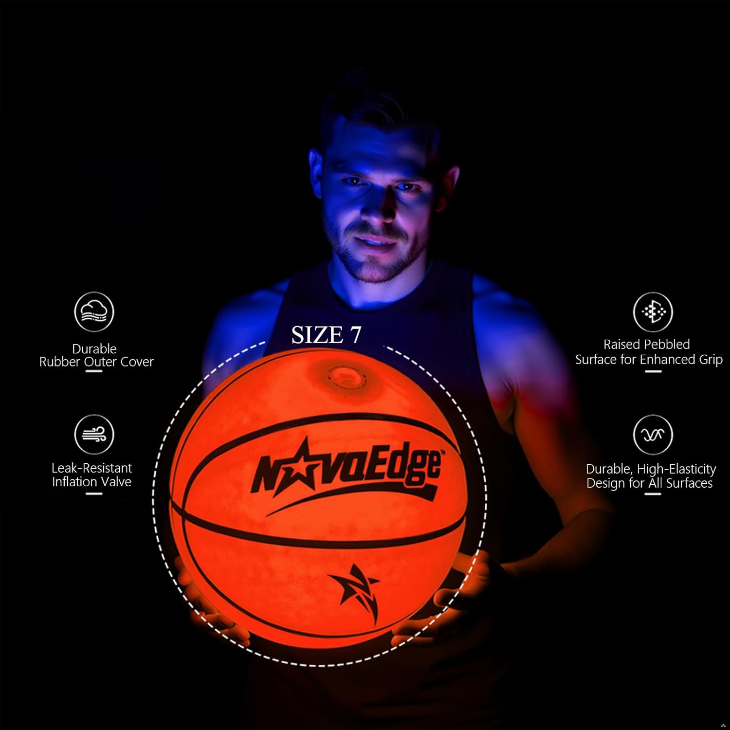 Glow in The Dark Basketball | USB-C Rechargeable LED Light Up Ball | Official Size 7 for Teens & Adults for Boys & Girls Ages 6+ | Indoor Outdoor Night Games