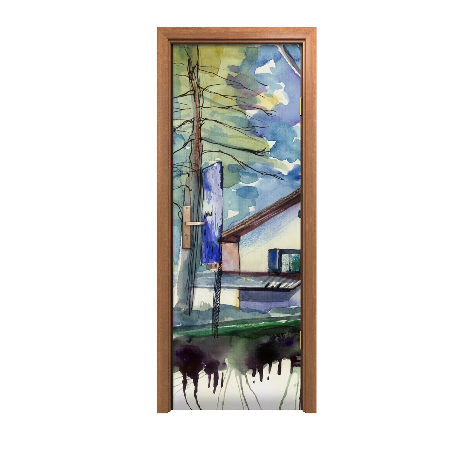 Décoration autocollante de porte 70x200cm motif arbre aquarelle pour habillage mural intérieur