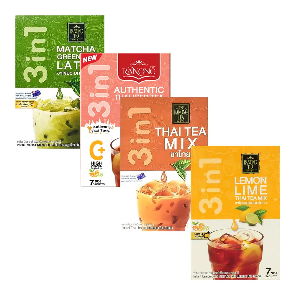 Ranong Tea Assorted 3-in-1 Drink Mix Bundle (Set of 4) – Thai Tea & Matcha Latte Selection, Instant Beverage Sachets for Hot or Iced Drinks