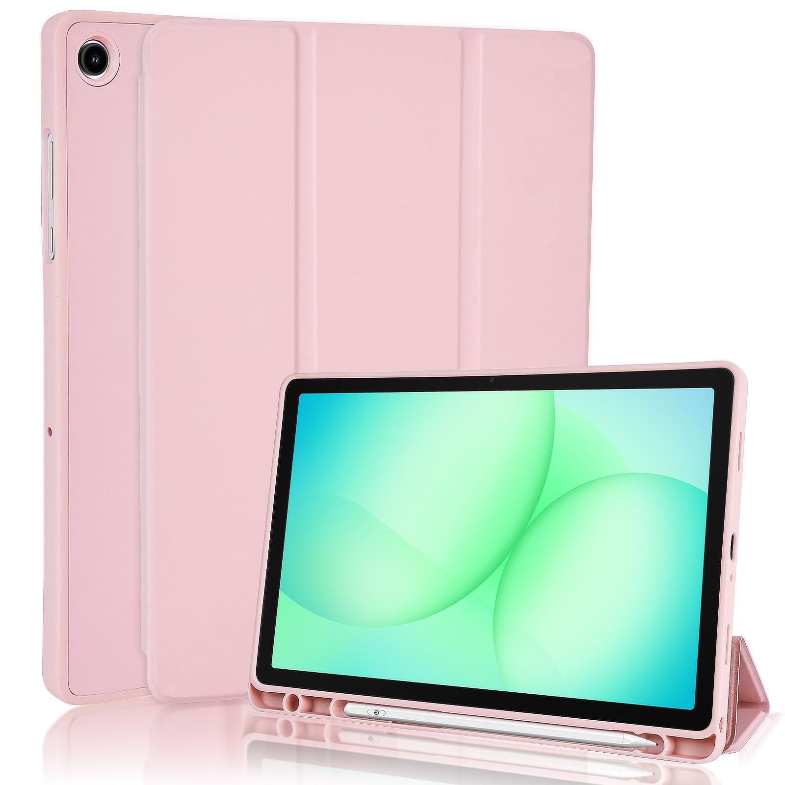 Custodia Cover per Samsung Galaxy Tab A11+ Plus 11 Pollici 2025 / Tab A9+ Plus 2023 con Portapenne, Custodia Smart con Supporto a Tre Pieghe, Retro in Morbido TPU, Auto Sveglia/Sonno (Rosa)