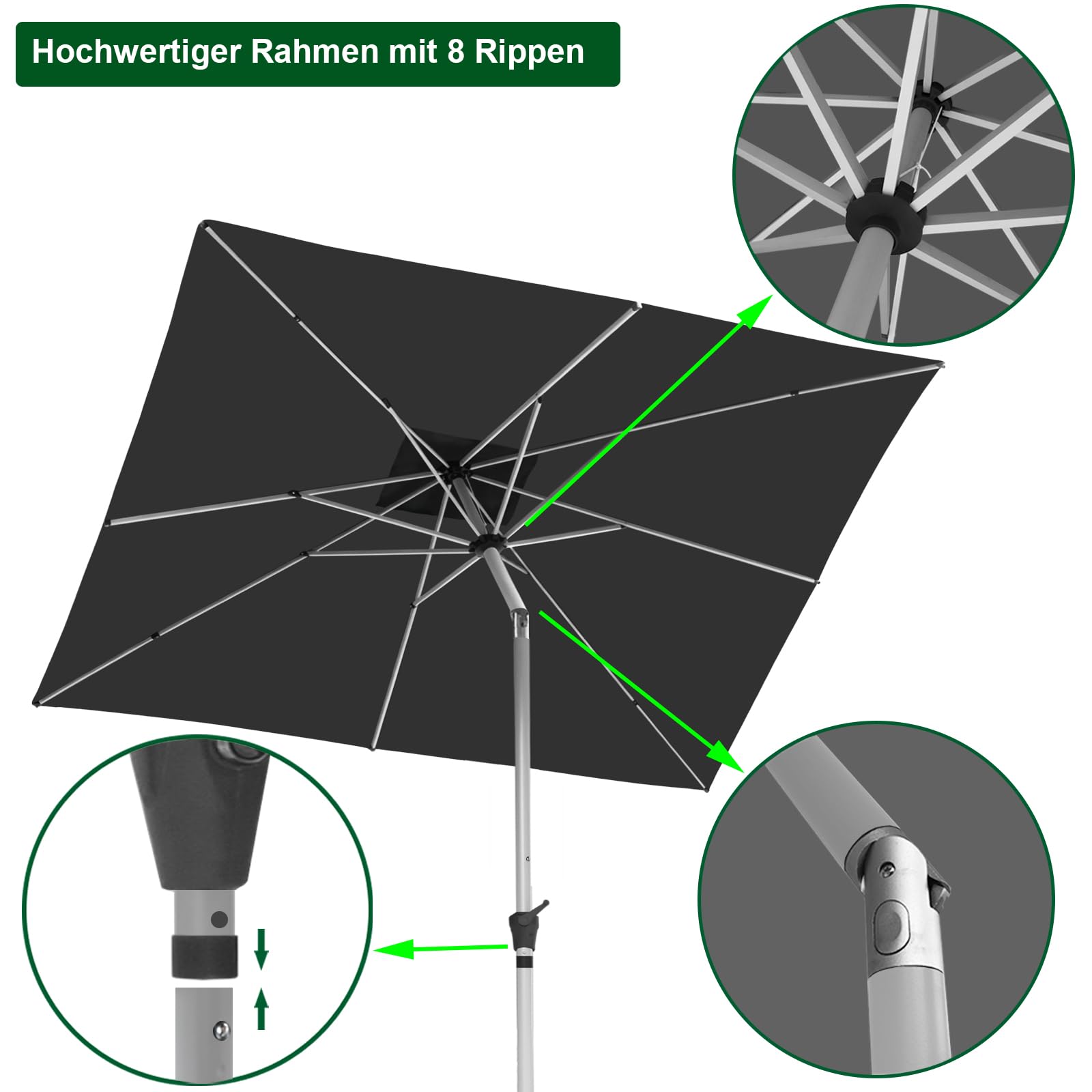 RANSENERS Kippbarer Sonnenschirm 250 x 250 cm Quadratisch