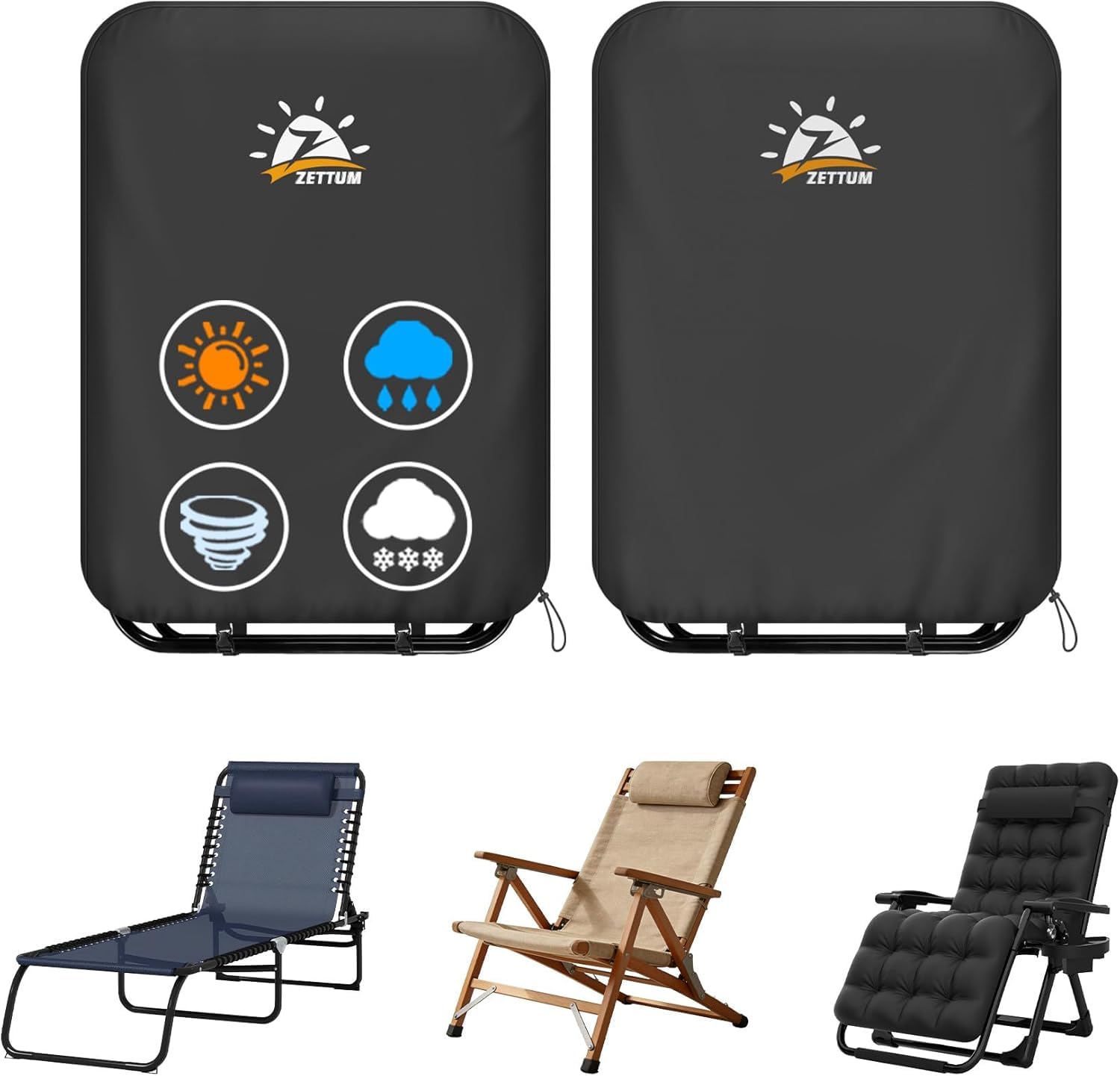 Zettum Garden Folding Reclining Chair Covers 2 Pack for Sun Loungers 600D PU Outdoor Folding Chairs Cover with Adjustable Cord and Snap Buckles Heavy Duty Garden Chair Covers Waterproof (111x33x71cm)