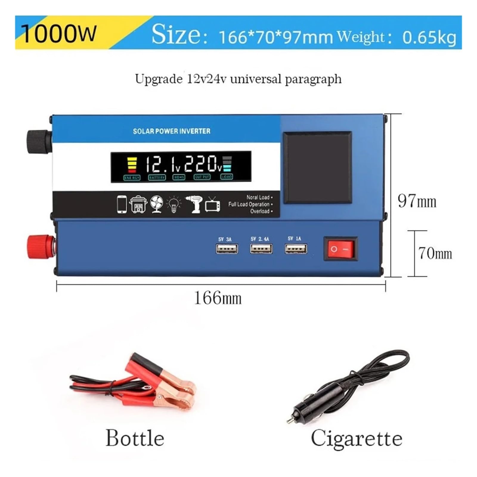 Przetwornica Napięcia Samochodu 1000 W/2000 W/3000 W Moc DC 12 V 24 V Na Konwerter AC Słoneczne Falowniki Samochodowe Rzeczywista Moc 500 W/600 W/800 W Wydajny Stabilny(1000W)