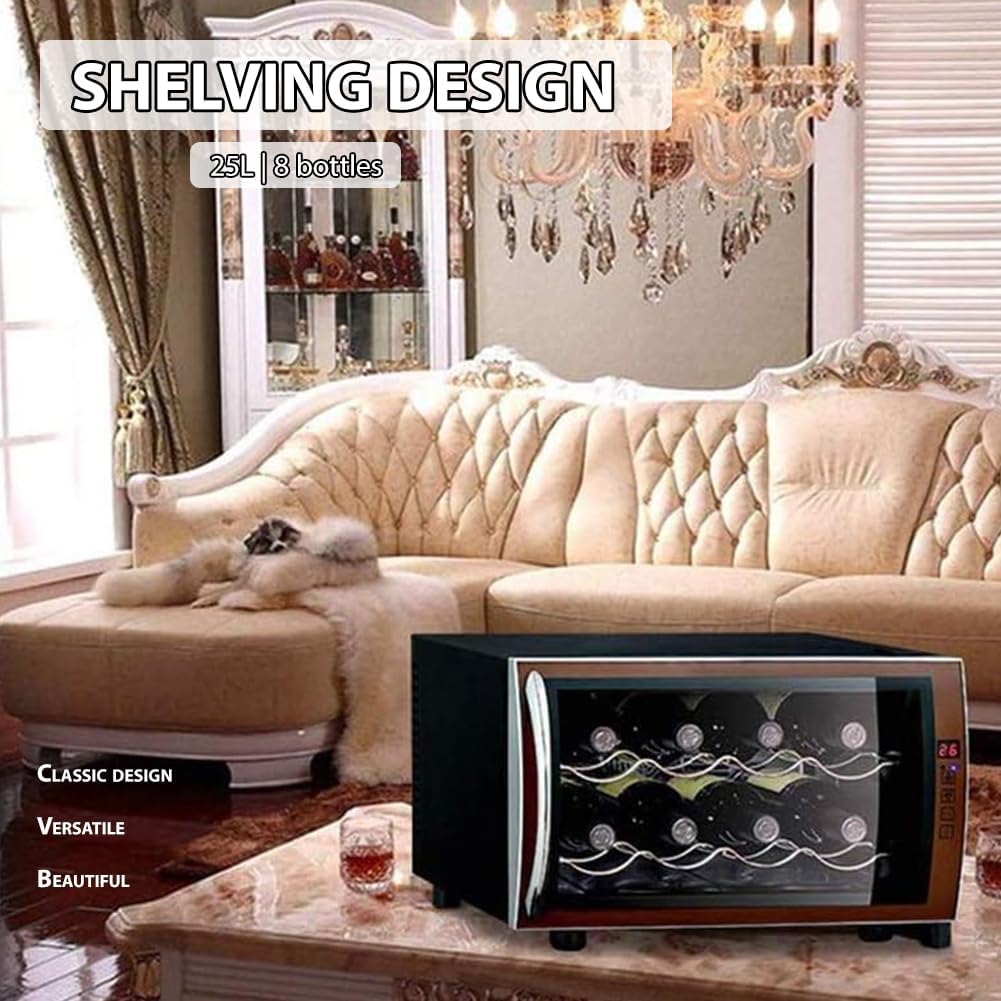 Small 8-Bottle Wine Thermostat, Freestanding And Built-In Wine Cellar, Stainless Steel Countertop Thermostat Refrigerator, Silent Operation, Split Storage for Beverages, Tea, Wine