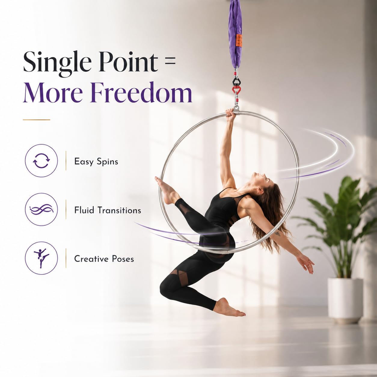 Lyra Hoop Ensemble d'anneaux aériens en acier inoxydable 95 cm Cerceaux à point unique Circus pour débutants et professionnels Kit d'anneaux aériens Équipement de yoga aérien 300 kg