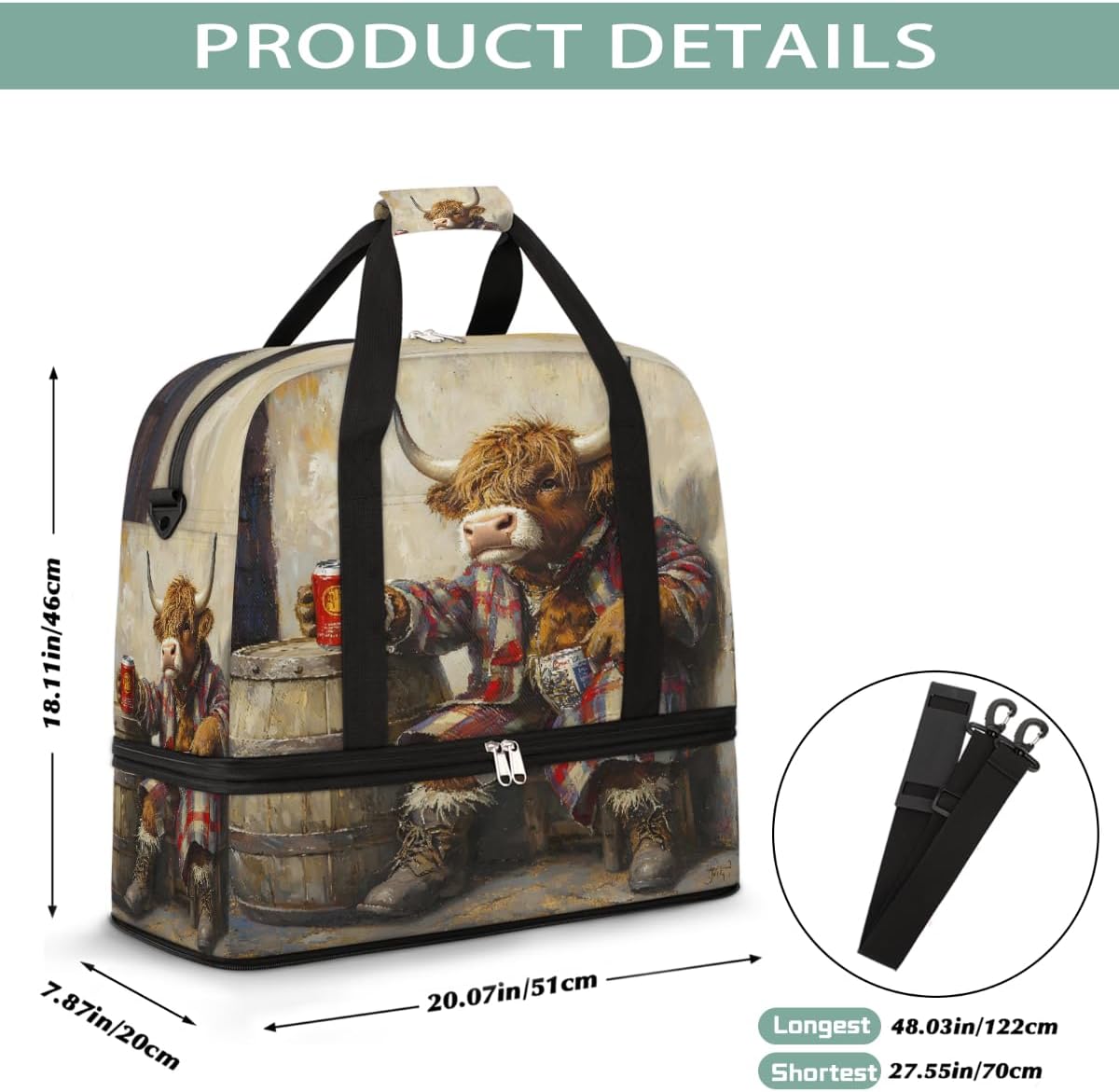 Funny Alpine Cow Barrels Large Travel Duffel Bag for Women Men Gym Bag Weekender Overnight Bags With Shoe Compartment Foldie Travel Tote Bag Carry On Personal Item Bag for Travel Gym Sports