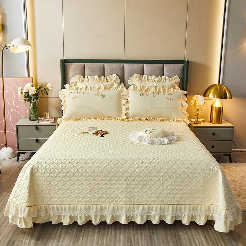 Quilted Lace Ruffle Bedspread Brushed Microfiber Coverlet Queen Size Bed Spread for All Seasons, Light Yellow