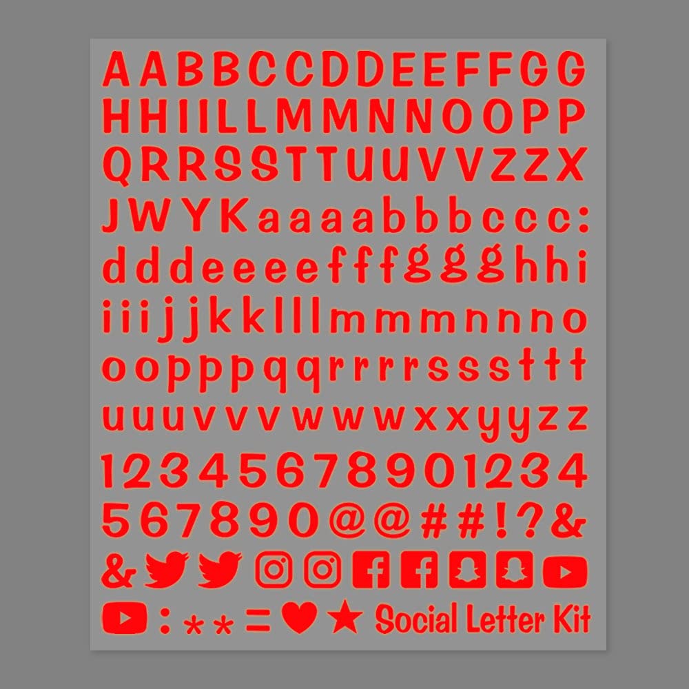 4R Quattroerre.it 1260 Stickers Kit Composable Adhesive Letters Social Media, Fluo Red