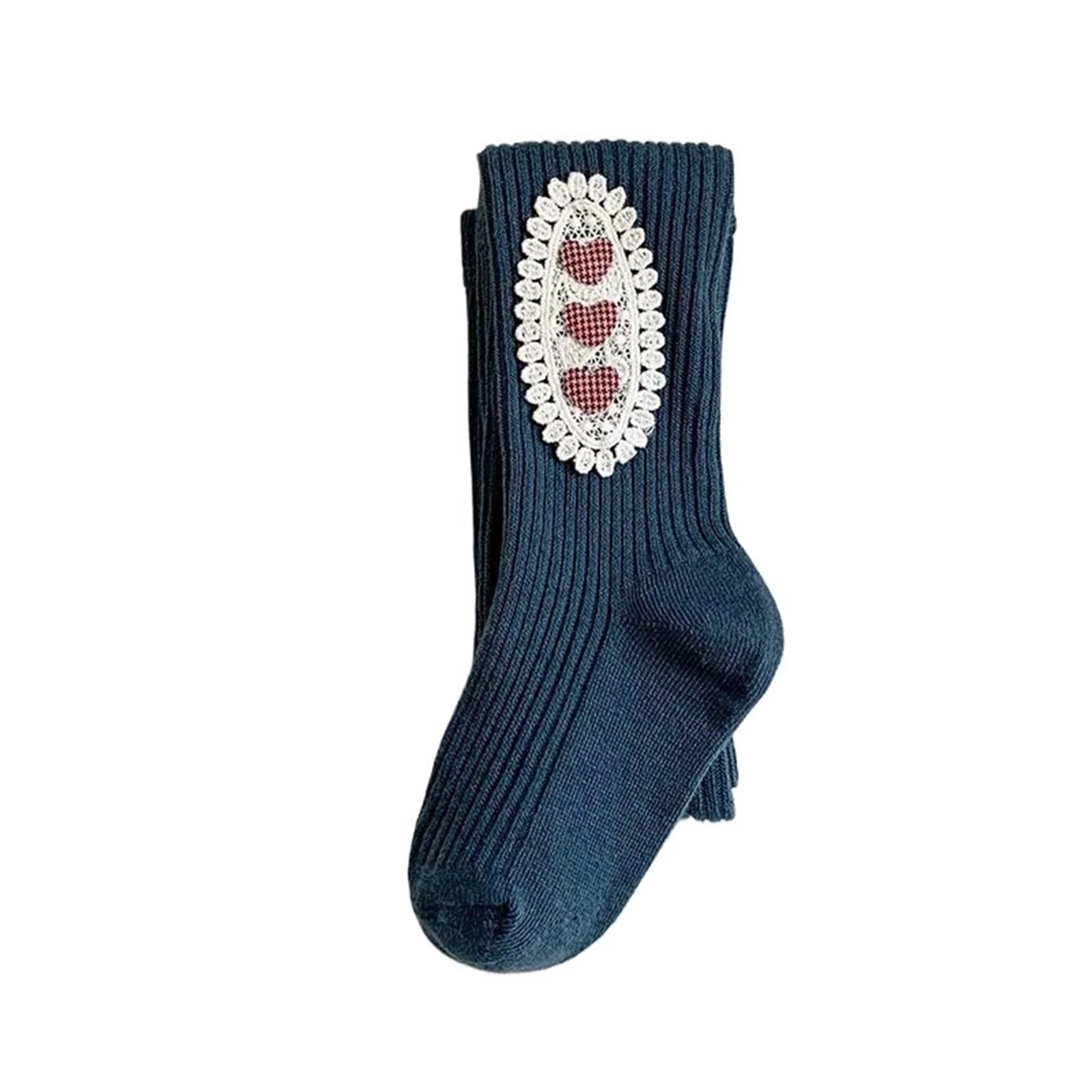 Girls Autumn Fashion Pantyhose – Cute Lace Stockings with Heart Pattern for Kids(Navy,S for 80-95CM)