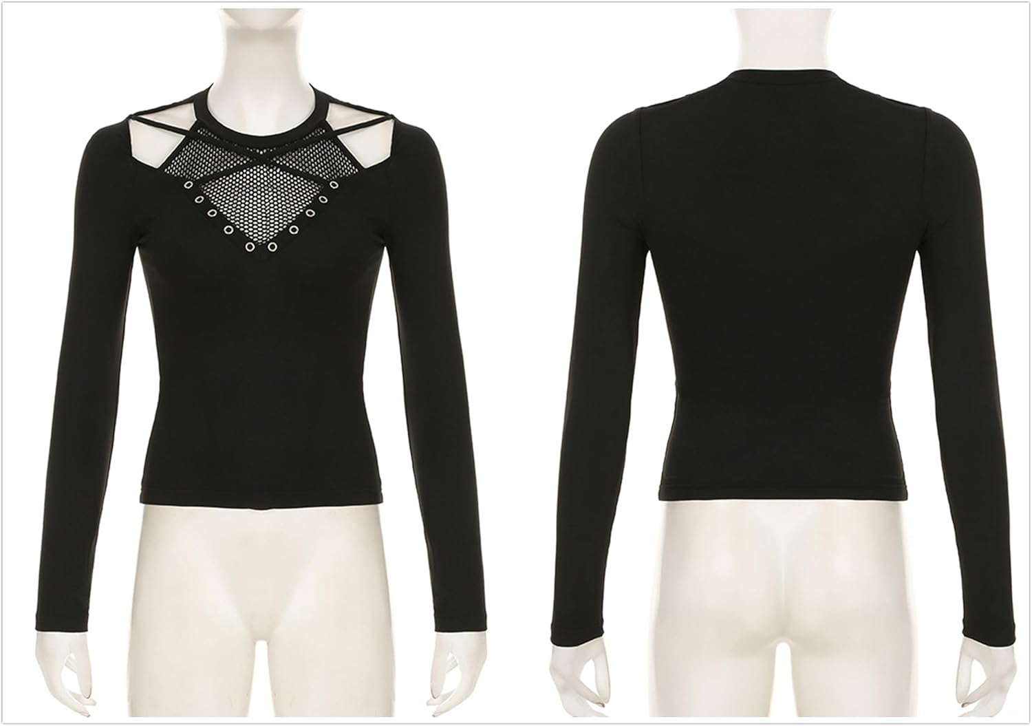 Harajuku Fashion T Shirt for Women Goth Y2k Grunge Fishnet Mesh Punk Emo Cutout Crew Neck Long Sleeve Fitted - Image 6