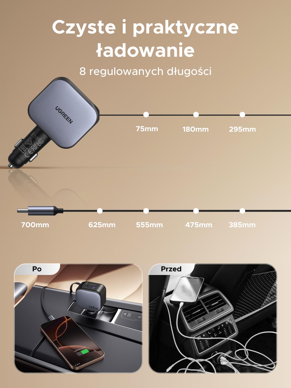 UGREEN Zapalniczka 145W Chowana szybka ładowarka samochodowa 100W Zintegrowany kabel USB-C Akcesoria samochodowe 4 w 1 Adapter szybkiego ładowania do iPhone 17/16/Macbook/iPad/Galaxy S25/GPS itp.
