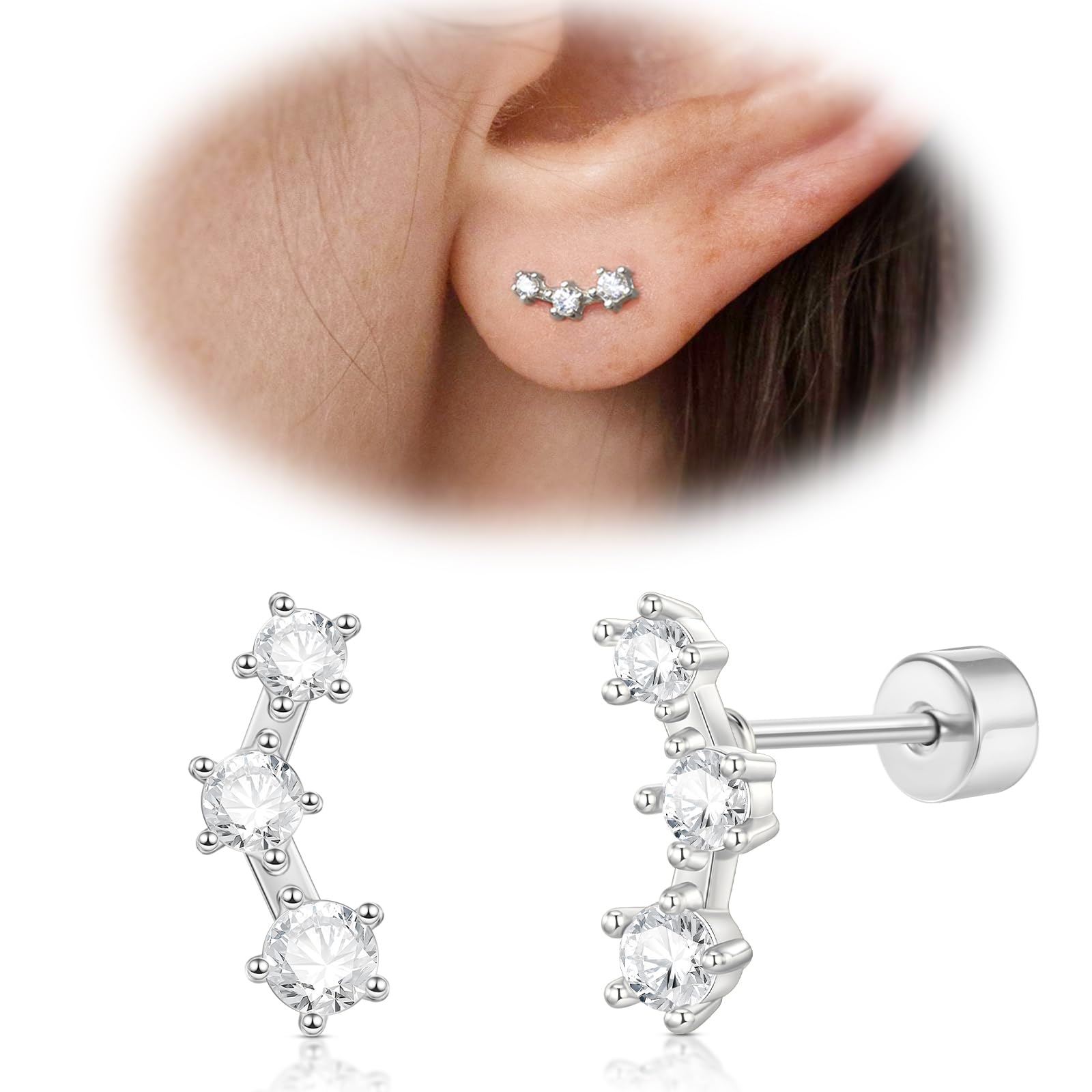 DAI JYCartilage Screw Back Earrings for Women, Flat Back Earrings Sterling Silver Hypoallergenic Earrings for Girls Conch Helix Piercing Jewelry Crawler Butterfly Flower Stud EarringsClimatePartner certified