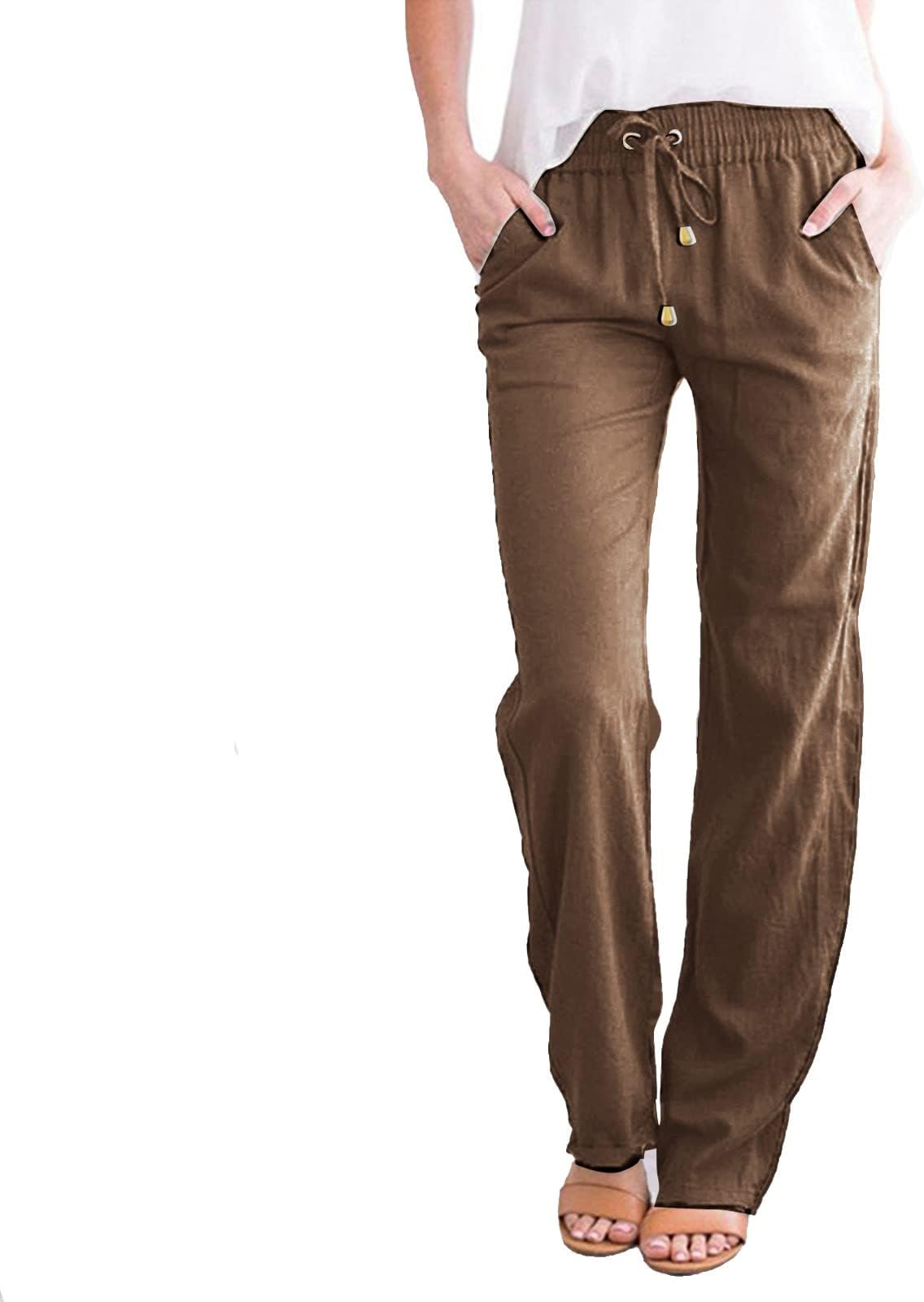 MOLayysWide Leg Pants for Women,Womens Linen Pants High Waisted Wide Leg Drawstring Casual Loose Trousers with Pockets