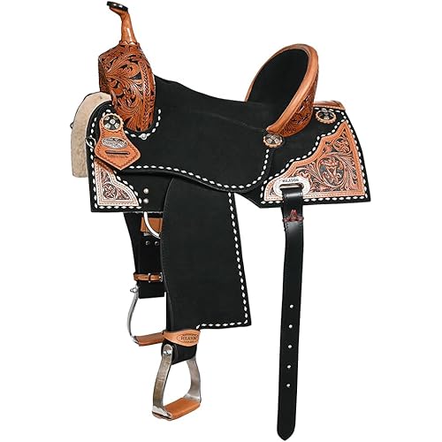 HILASON Western Horse Barrel Flex Tree Trail American Leather Saddle Black Gorgeous Floral Hand Tooled & Carved