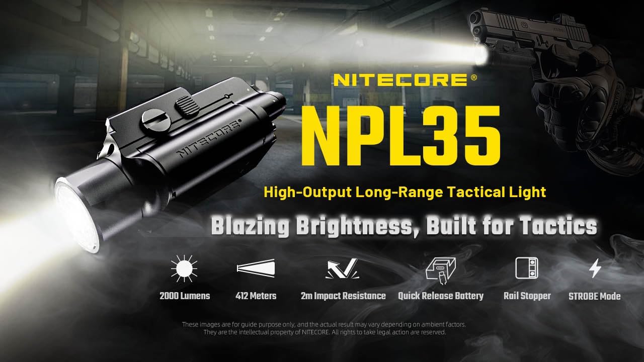 Nitecore NPL35 2000 Lumen Rail Mount Tactical Flashlight Compact Weaponlight, Magnetic Rechargeable with Adjustable Rail Mount Sticker