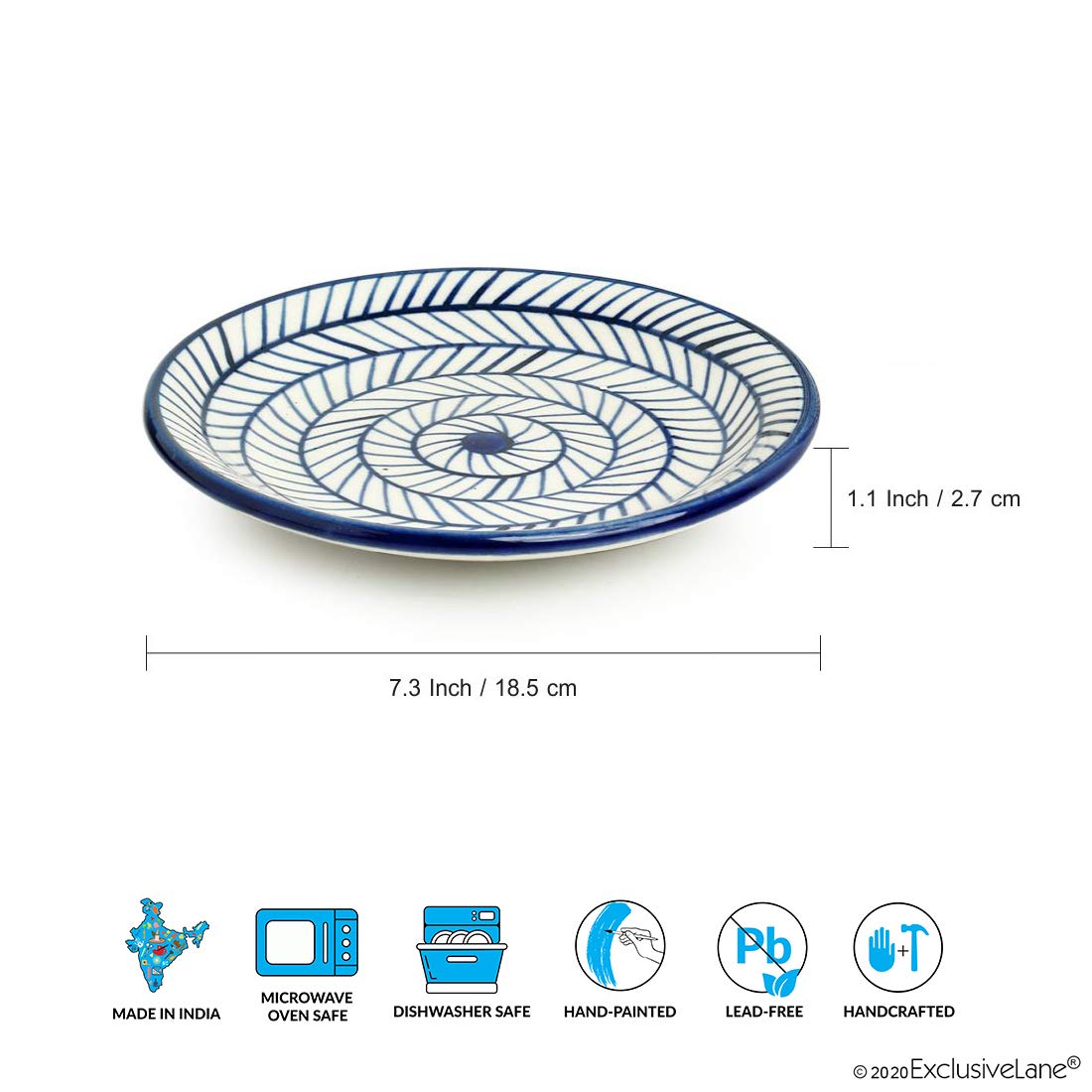 ExclusiveLane 'Indigo Chevron' Handpainted Ceramic Side Plates & Ceramic Quarter Plates(7 Inch, Set of 2, Dishwasher & Microwave Safe) Ceramic Plates for Dinner Serving Plates Starter Snacks Plates - Image 4 thumbnail