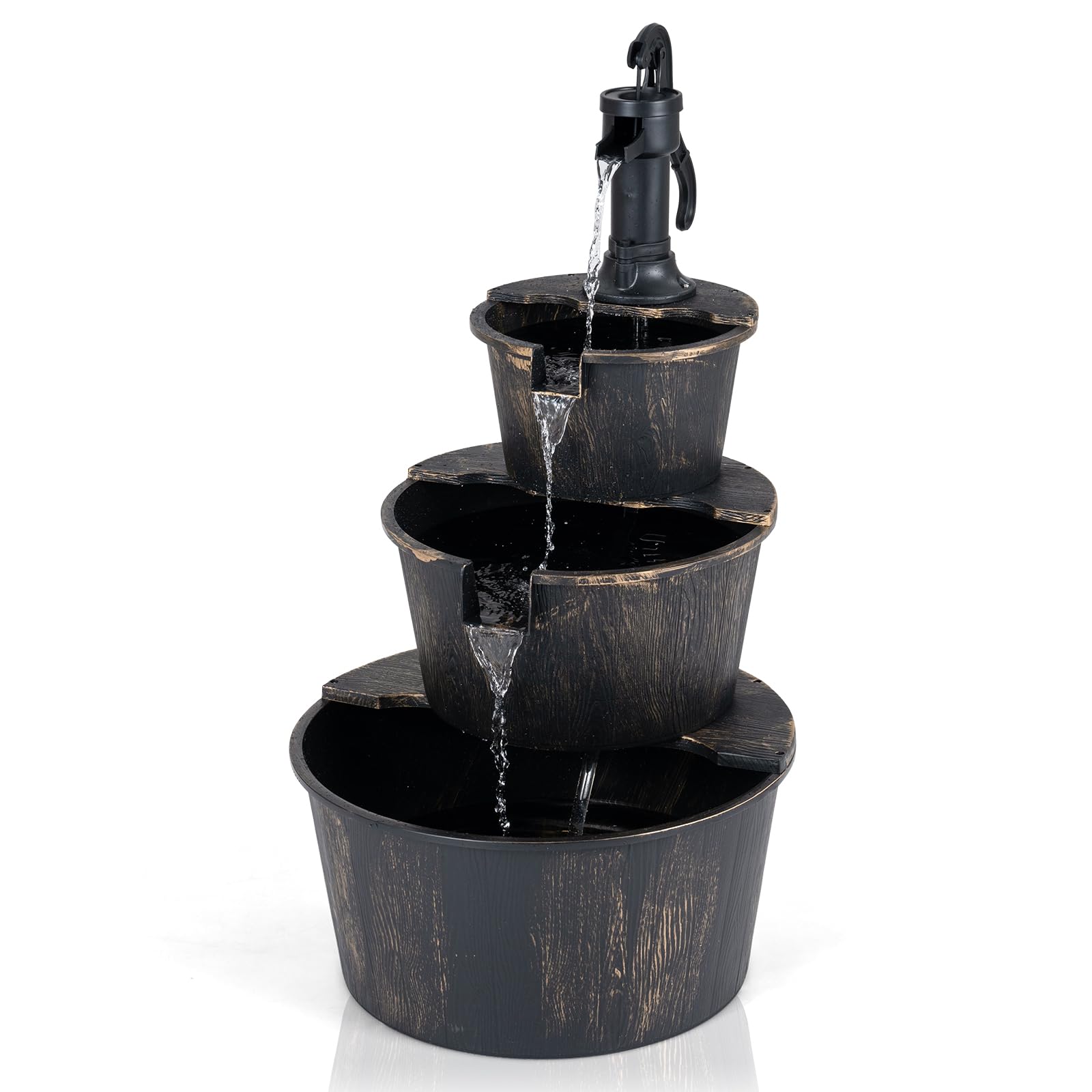 COSTWAY Fontaine de Jardin à 3 Niveaux en Baril avec Pompe Réglable