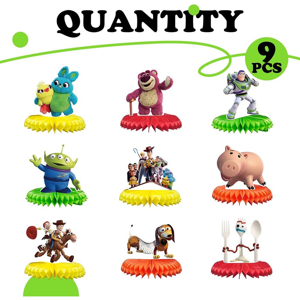 Condition photo showing New/Like New for For Toy Story Birthday Party Supplies , 9Pcs Honeycomb Centerpieces for Toy Story Party Decorations, Double Sided Table Decorations Centerpieces Party