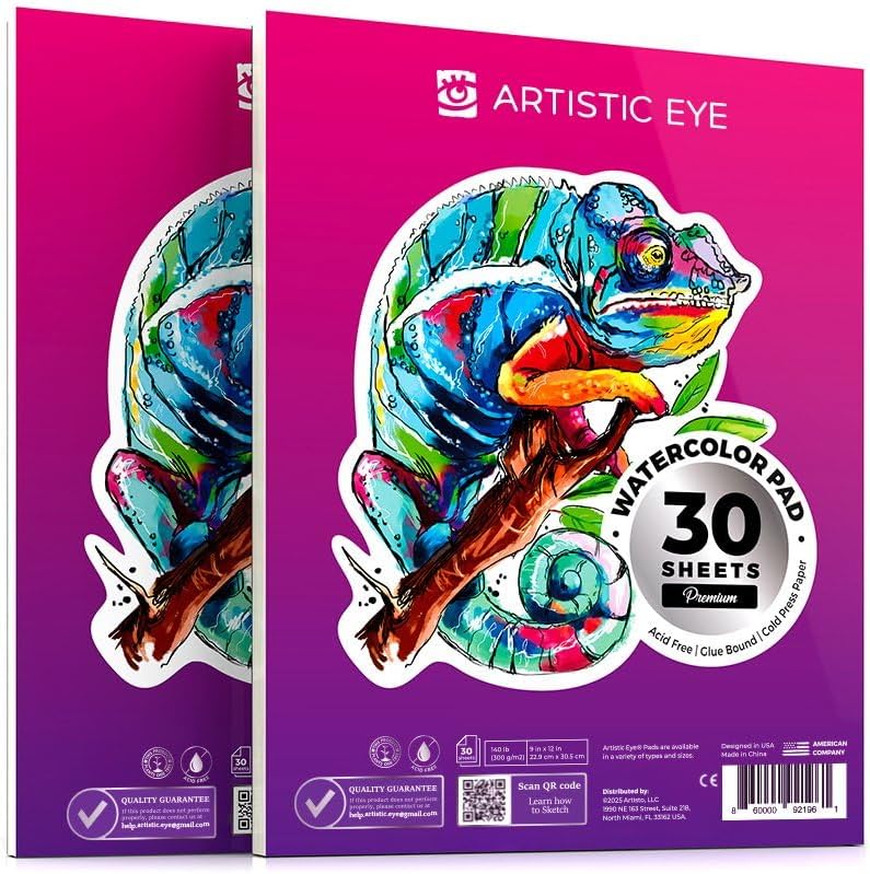ARTISTIC EYE Watercolor Pad 9x12”, 30 Sheets, Glue Bound, Acid-Free Paper, 140lb (300gsm), Perfect for Most Wet & Dry Media, Ideal for Beginners, Artists & Professionals (Set of 2)