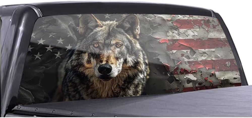 Broken American Flag Rear Window Decals for Truck, Wolf Back Window Vinyl Sticker, Patriotic See-Through Perforated Graphics Pickup Full Window Cover Car Decoration, 66" x 20"