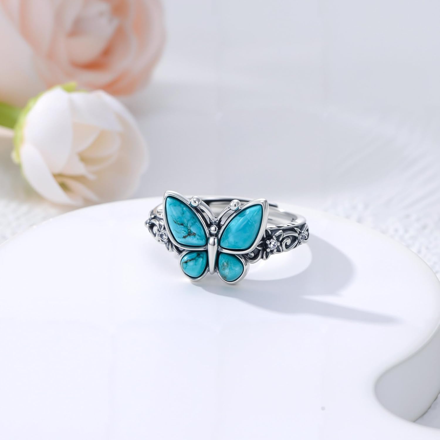Natural Turquoise Butterfly Adjustable Ring for Women 925 Sterling Silver Genuine Turquoise Jewelry Gifts for Mom Wife Grandma Girlfriend