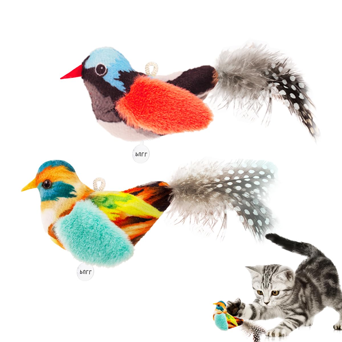 Catnip Cat Toys Satisfy Cat's Natural Hunting Instintion for Indoors Cats Feather Toys Interactive with Lifelike Chirp Sound Chirping Bird Kitten Toy (2 Pack)