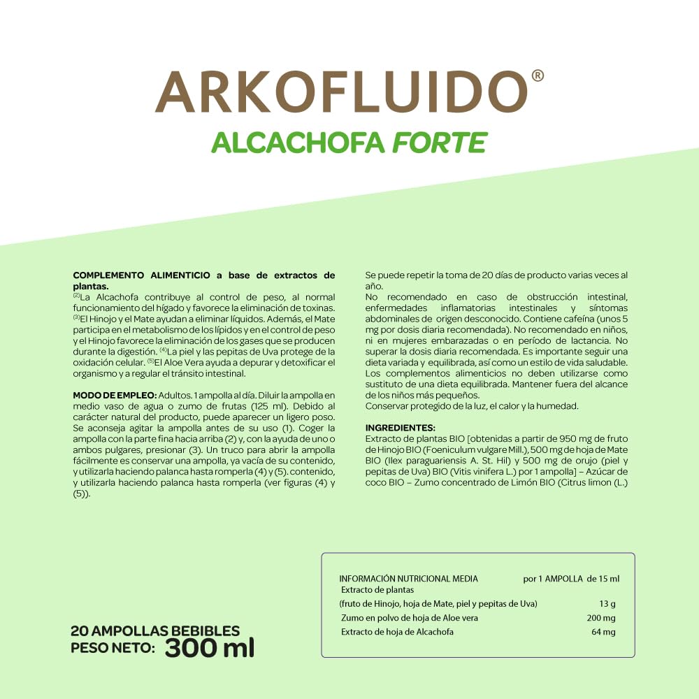 Arkopharma Arkofluido Alcachofa Forte BIO (x2) FORMATO AHORRO 40 Ampollas, Eliminar Toxinas del Organismo, Complemento Alimenticio