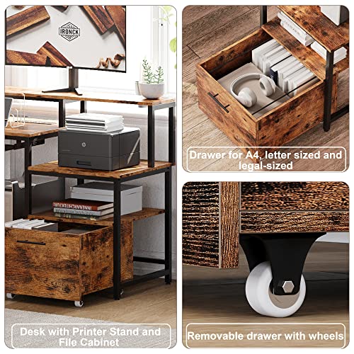 Ironck L Shaped Computer Desk, 66" Corner Desk With Power Outlet, File Drawer, Keyboard Tray, Riser Monitor Shelf And Storage Bag, Study Writing Table Workstation For Home Office, Vintage Brown #TOP5