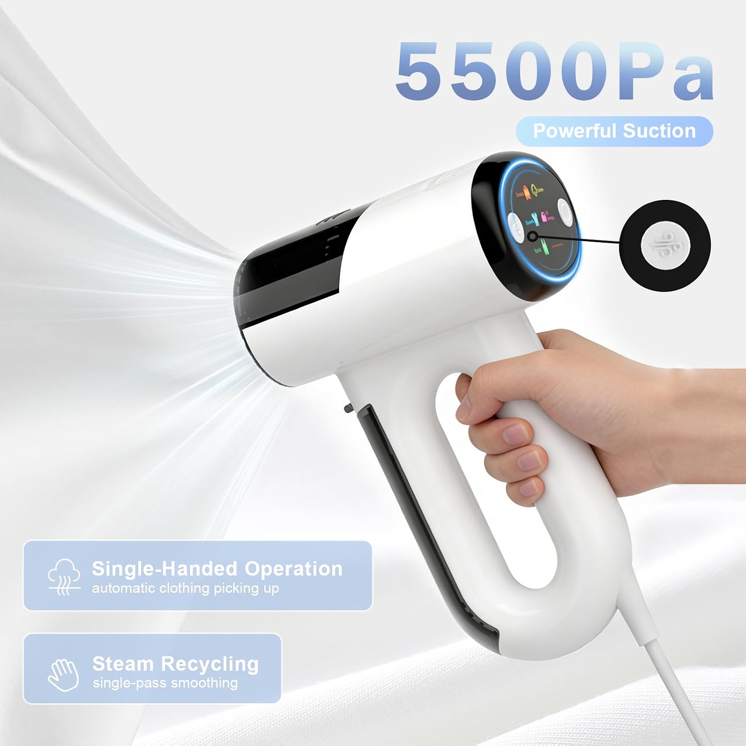 Vacuum Steamer for Clothes, 5500Pa Suction Handheld Portable Travel Steamers for Clothes, 3 in 1 Steaming & Ironing& Clean Dust Garment Steamer, Lightweight, for Wrinkle Removal (110V Use), White