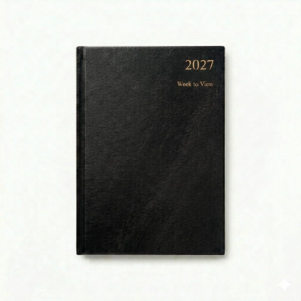 2027 Diary A4 Week to View | Hardback Desk Diary with Ribbon Page Marker | Professional Business Planner for Home, Office & School | Navy, Red, Black (Black)