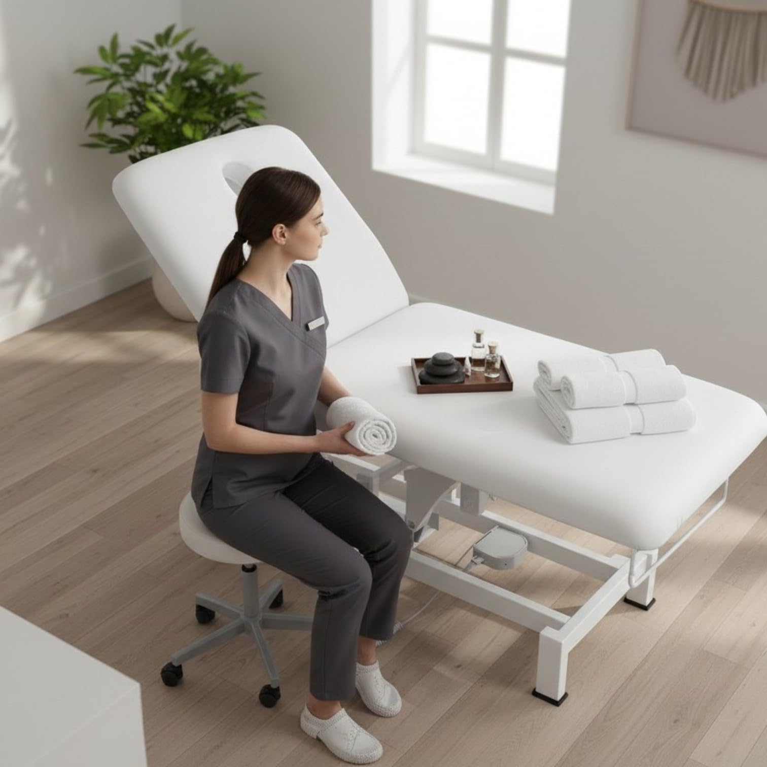 PLUS SANTE – Table d’Examen électrique FOBIA 2 Plans, Hauteur réglable par Moteur, Dossier inclinable, revêtement PU Facile à Nettoyer (Blanc, 65 cm (sans Porte-Rouleau, sans roulettes))