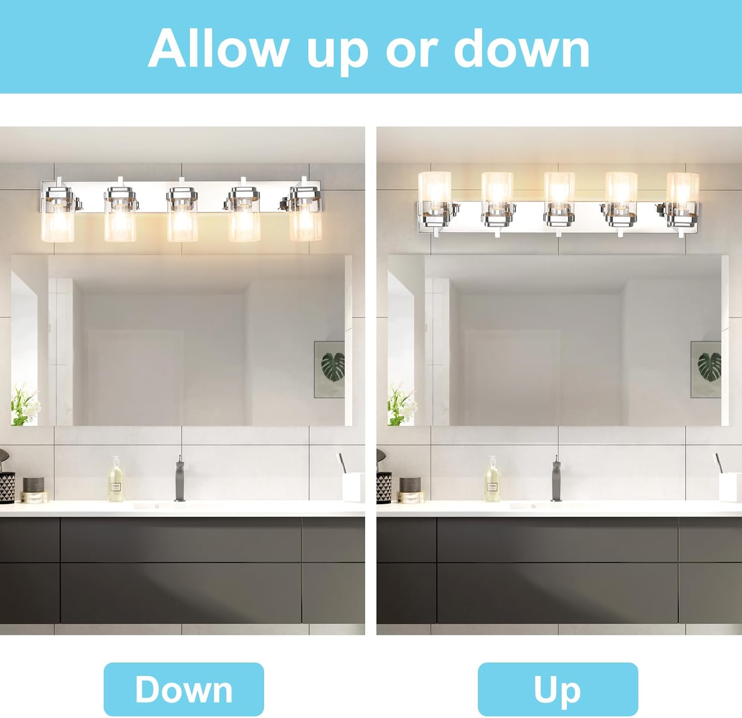 5-Light Vanity Light Fixture, Bathroom Wall Sconces, Bathroom Vanity Lighting Over Mirror | Square Clear Glass Shade | Bulbs Not Included | E26 Socket | Chrome