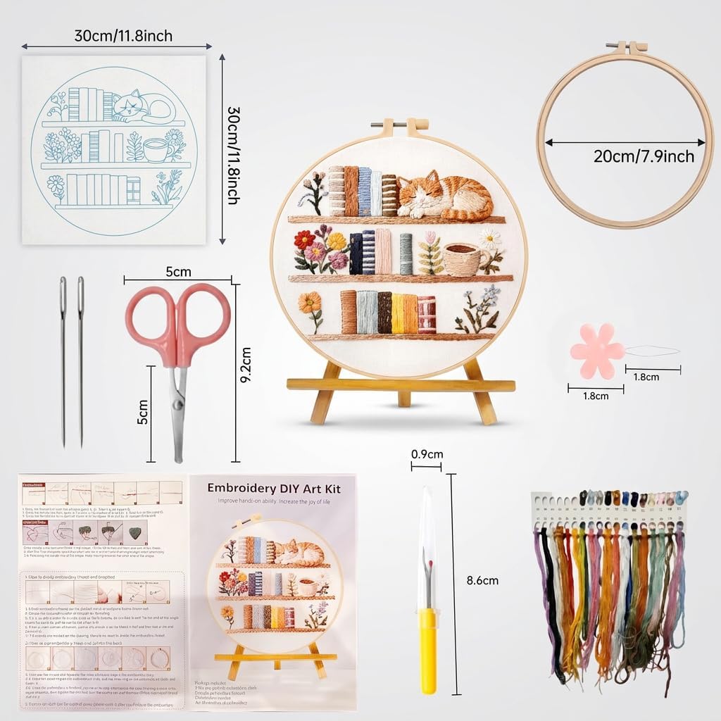 HuaHun 8 Inch Embroidery Kit for Beginners, DIY Stamped Cross Stitch Kit with Blank Book Spines for Personalized Lettering, Bookshelf Pattern with Cats and Florals