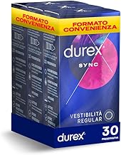 Durex Sync, Forma Easy-on con Rilievi e Nervature con Lubrificante Lunga Durata, 30 Profilattici Spessi, 3 confezioni
