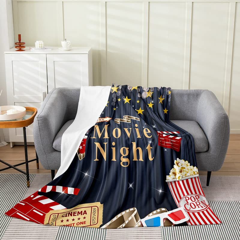 jejeloiu Movie Night Flannel Fleece Blanket Movie Theater Popcorn Plush Throw Blanket, Cinema Poster Design All Season,Bed Blanket for Kids Microfiber Old Fashion Home Decor Room Decor Throw 50"x60"