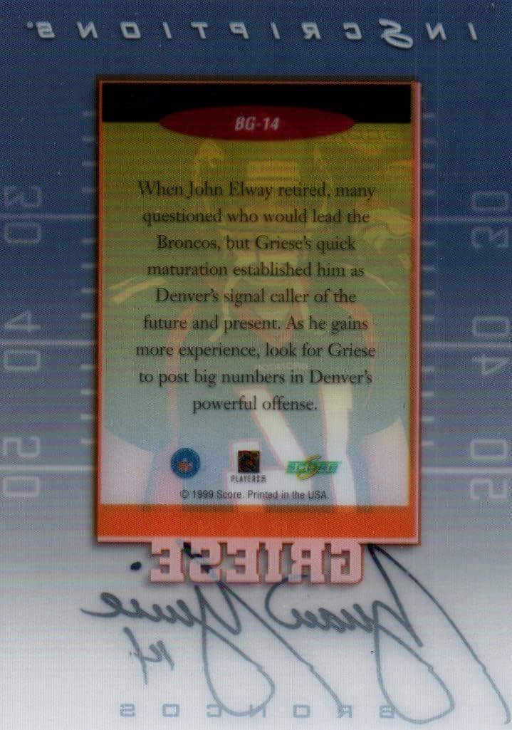 Brian Griese Autographed Inscriptions Collectible Football Card - 1999 Score Inscriptions Football Card #BG-14 (Broncos) Free Shipping & Tracking