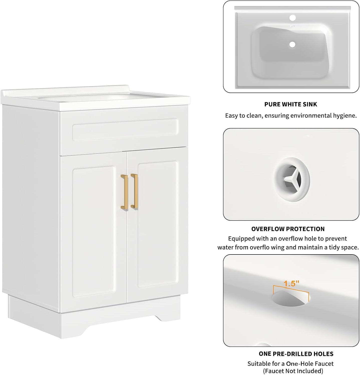 Bathroom Vanity with Ceramic Sink,Bathroom Vanities Cabinet with Large Storage Space, Wooden Bathroom Sink Cabinet for Apartment & Small Space (Milky White Finish, 24 Inch)