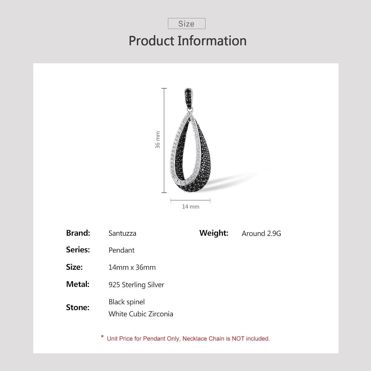 Santuzza 925 Sterling Silver Teardrop Pendant Black Spinel Cubic Zirconia Black & White Pendants for Women - Image 5