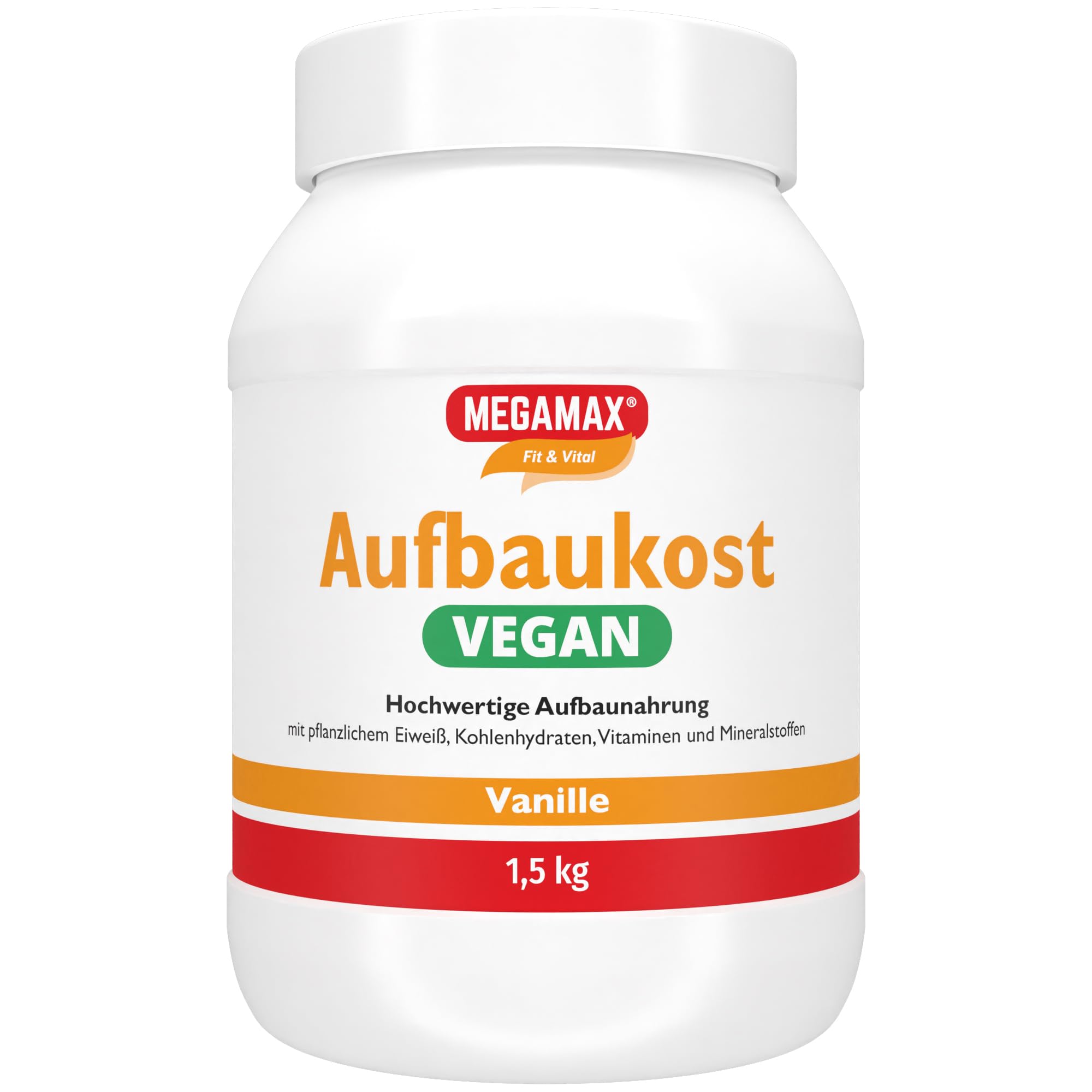MEGAMAX Aufbaukost VEGAN Vanille 1.5 kg -Zunehmen mit vegane hochkalorische Trinknahrung Ideal zur Kräftigung und bei Untergewicht -Erbsenprotein zur fettarmen Kohlenhydrat-Eiweiß-Getränkes