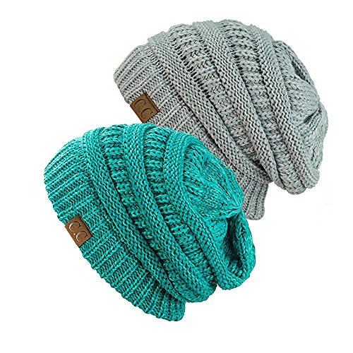 NYFASHION101 Exclusive Unisex Two Tone Warm Cable Knit Thick Slouch Beanie Cap (2 Tone Mint & 2 Tone Gray)