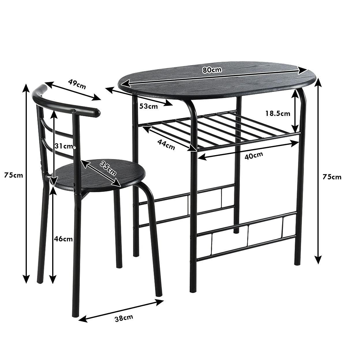 LIFEZEAL Set di 1 Tavolo da Pranzo e 2 Sedie da Cucina, per Colazione, Ergonomico, Schienale Alto, Telaio in Metallo, Sala da Pranzo, Cucina, Ristorante, Balcone, Montaggio Facile, 3 Pezzi, Nero