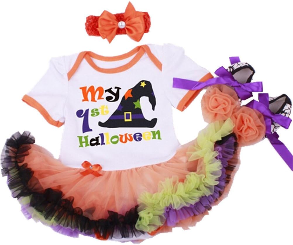 Sallyshiny Halloween Costume Newborn Baby Girl Romper Dress Outfit Bodysuit Tutu Skirt Clothes Party Dresses Headband Shoes (0-3 Months, Halloween Hat)