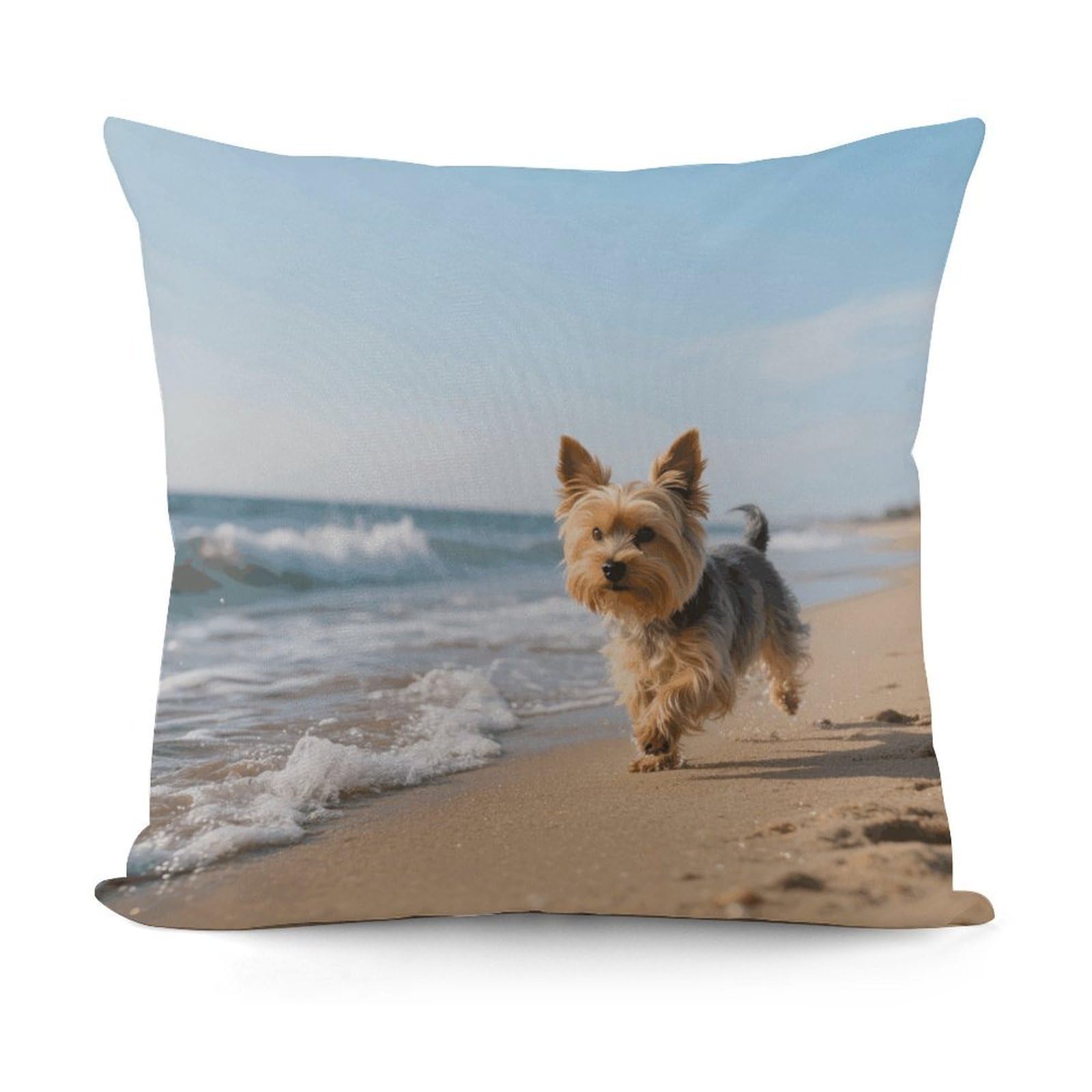 VstaDank Yorkshire Terrier on Beach Pillow Cover with Invisible Zipper Square Throw Pillowcase Plush Couch Sofa Pillow Case 18x18 Inch Decorative Throw Cushion Covers for Sofa Living Pillowcover