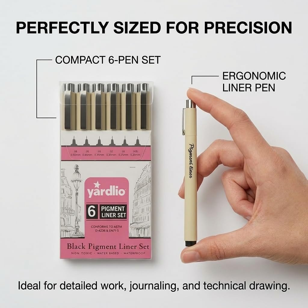 Yardlio Pen Set - 6 Fineliner Pens for Journaling, Writing, and Drawing - Nice Pens for Art, Journals, & Creative Work - Best Pens for Sketching and Journaling