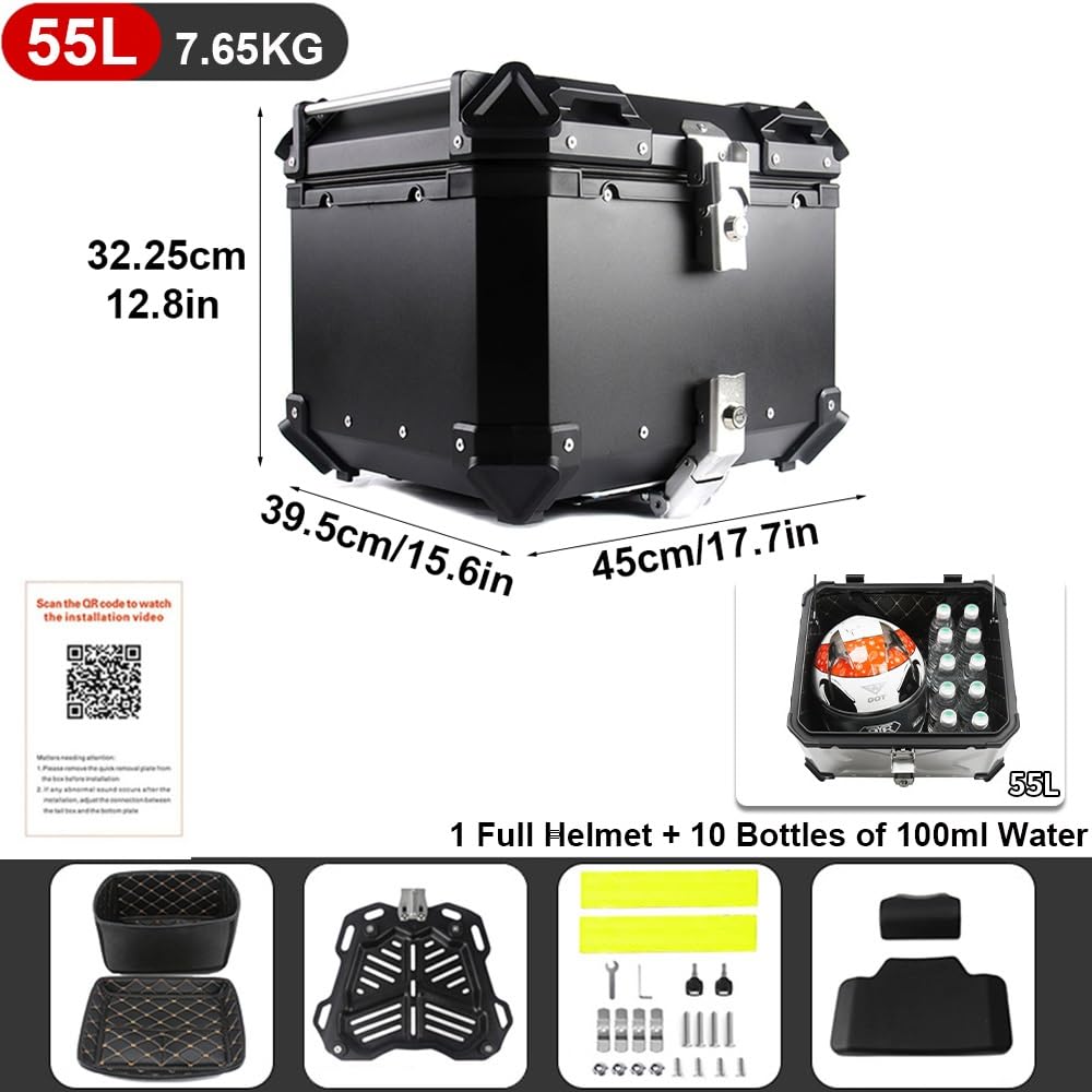 Aluminio Baúl De Moto Universal Topcase, Scooter Maleta, Caja De Motocicleta 28L 36L 45L 55L 65L 80L 100L Gran Capacidad Maletero De Moto(Negro,55L)